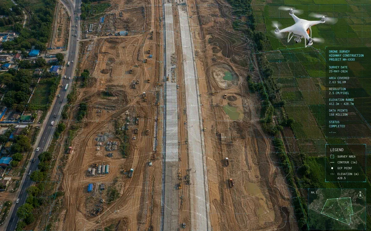 Drone surveying a highway construction site in India
